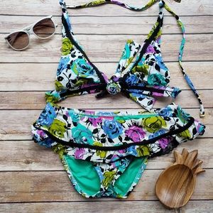 Betsey Johnson Small  Floral Black Lace Bikini EUC